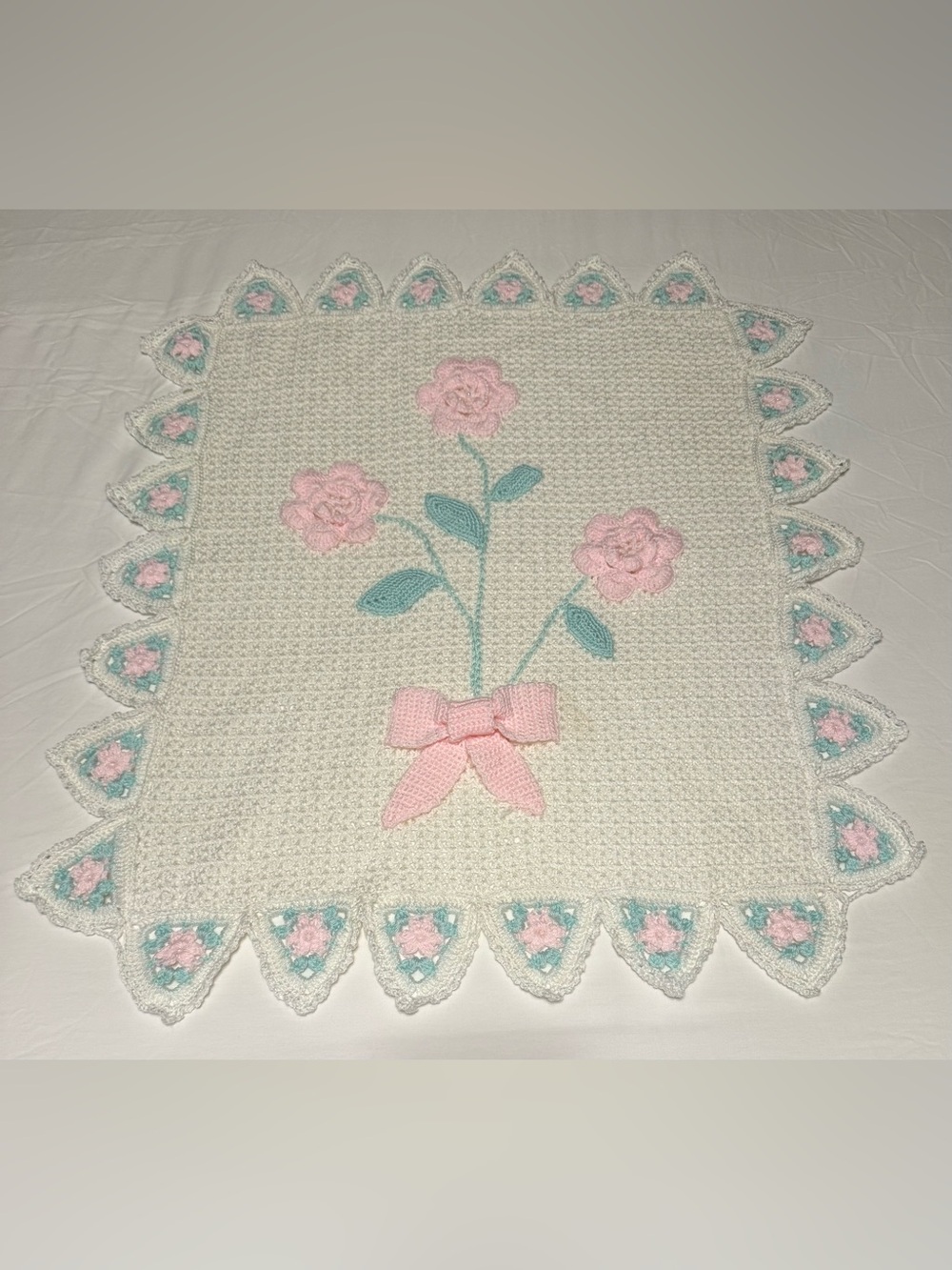 Cream Crochet Baby Blanket with Pink Roses and Mint Leaves Pink Bow